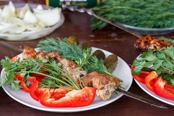 In a white plate are fresh vegetables with meat cooked on the grill.