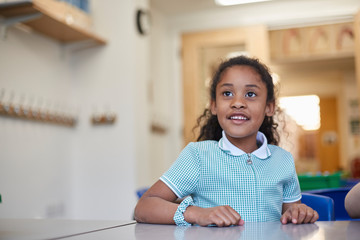 Schoolgirl listening in classroom lesson at primary school