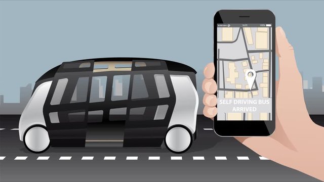 Control of self driving bus by mobile app. Autonomous shuttle arrives to a man and opens the doors. Text "Self driving bus arrived" appears on the screen.