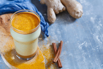 Organic turmeric milk. The concept of healthy eating, diet and detox. View from above.