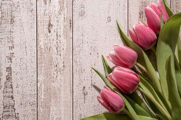 Fototapeta na wymiar Pink tulips on wooden background. Tulips flower background