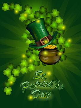 St. Patrick`s Day greeting. Vector illustration. Happy St Patricks Day.Blurred Green Background