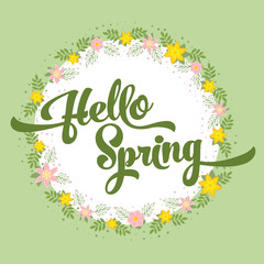 Beautiful greeting card with flowers on a white background and stylized inscription Hello Spring. Spring template for your design, cards, invitations, posters.