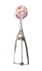Blueberry ice cream in metal spoon isolated on white.