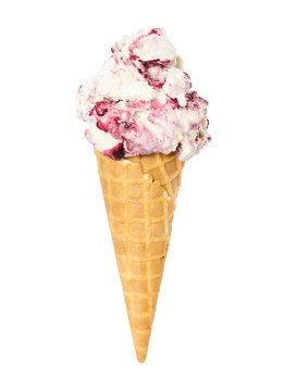 Cherry ice cream in waffle cone isolated on white