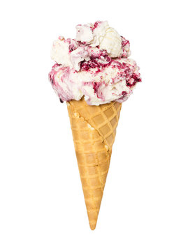 Blueberry ice cream in waffle cone isolated on white