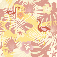 Pattern background. Seamless pattern of tropical forest and flamingos in trendy color tones.