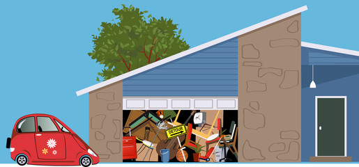 No room for a car in a garage of a hoarded, overfilled with stuff, EPS 8 vector illustration © aleutie