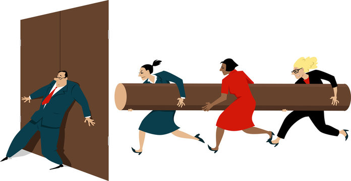 Three women with a battering ram attempting to break the door, hold shut by a male executive, EPS 8 vector illustration