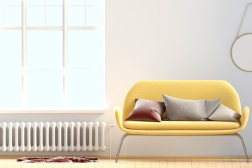 Modern interior with window and sofa. Wall mock up. 3d illustration.