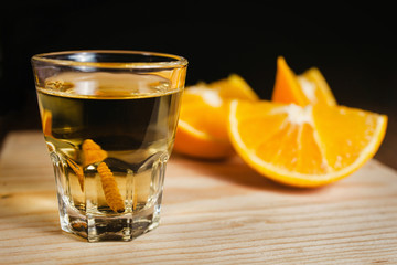 Mezcal mexican drink with orange slices and worm salt in oaxaca mexico