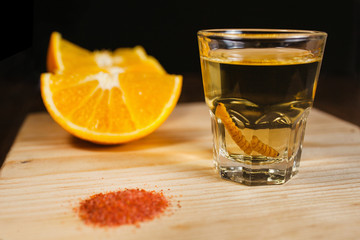 Mezcal mexican drink and orange with worm salt in oaxaca mexico