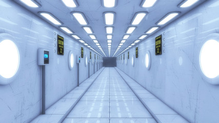3D render. Futuristic corridor interior architecture