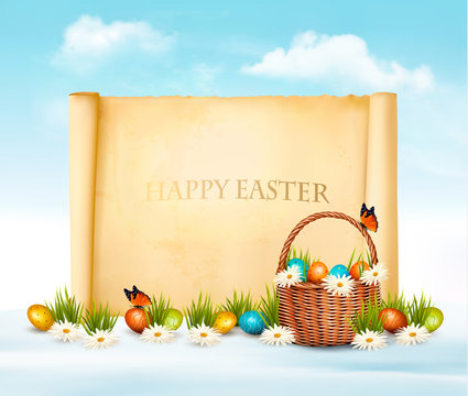 Happy Easter background. Easter eggs and old paper. Vector.