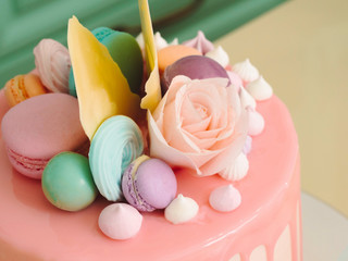 Modern French mousse cake with pink mirror glaze decorated with macarons, roses and merengues. Picture for a menu or a confectionery catalog.