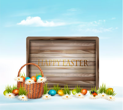 Happy Easter background. Eggs in a basket and wooden sign. Vector.