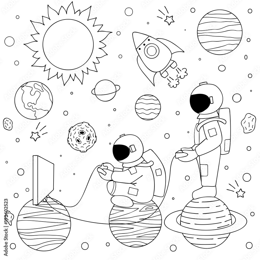 Wall mural hand drawn two funny astronauts playing video games on space for design element like print on video 