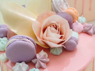 Modern French mousse cake with pink mirror glaze decorated with macarons, roses and merengues. Picture for a menu or a confectionery catalog.