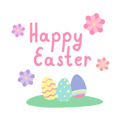 Happy Easter Greeting Card With Painted Eggs And Flowers Vector