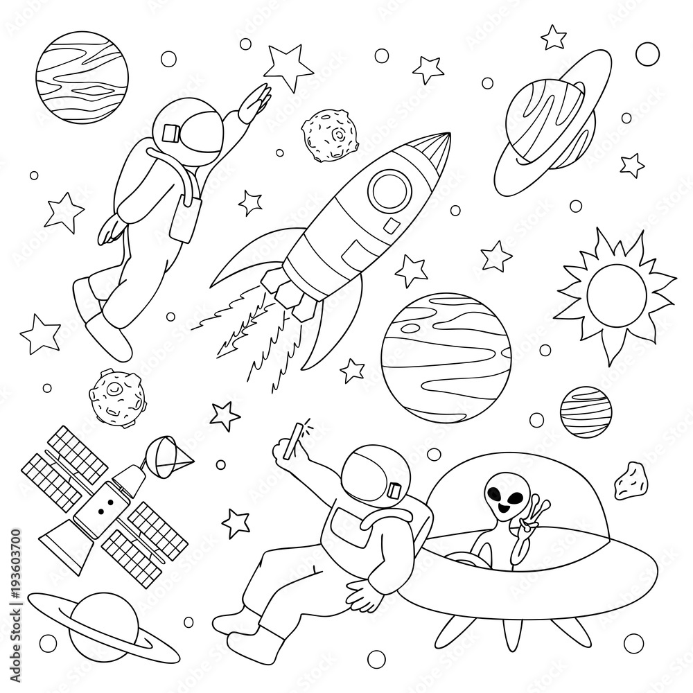 Wall mural hand drawn astronaut take a selfie with alien and play with stars on space for design element and co