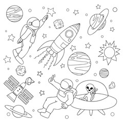 Hand drawn astronaut take a selfie with alien and play with stars on space for design element and coloring book page. Vector illustration © Somjai King