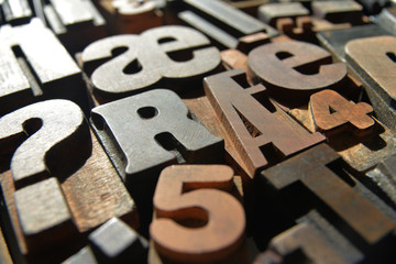 wooden letterpress closeup, various typefaces