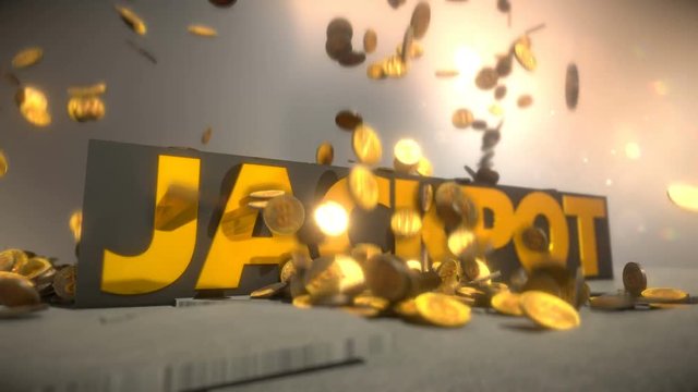 3d animation of jackpot sign and falling money