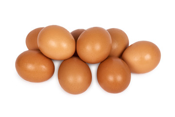 Brown chicken organic eggs. Isolated on white background. Nutritious and protein reserve