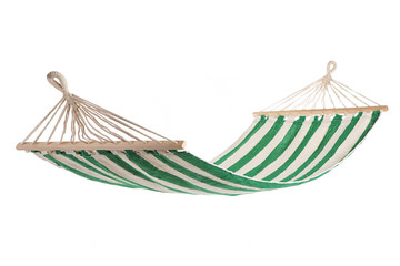 a multi-colored hammock made from natural fabric hanging on ropes, white background