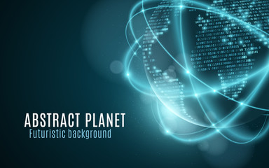 World map from binary code. Futuristic planet. Glowing, blurry neon lines. Abstract background. Computer programming code. Global network. Vector illustration