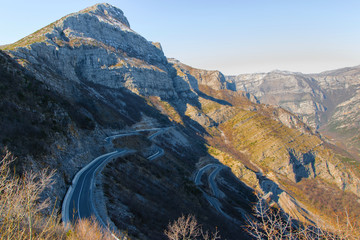 Travel exploring concept - curvy road in the high Albanian Alps, Tamara, Albania