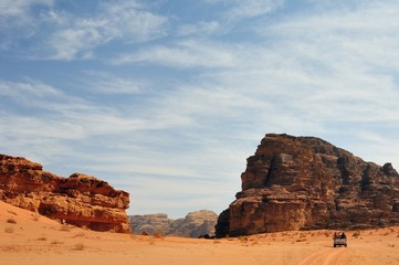 rocky desert / Unusual landscape of rocky orange desert Wadi Rum, place where the Martian was captured, Jordan