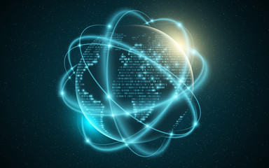 Abstract planet earth. World map from binary code. Glowing, blurry neon lines. Abstract background. Computer programming code. Global network. Vector illustration