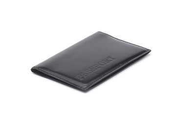 passport in leather cover black on white background