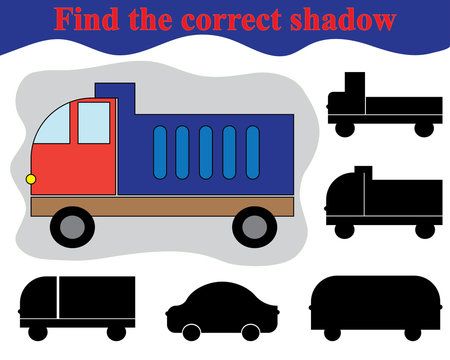 Educational game for children. Find the correct shadow of dump truck. Vector illustration.