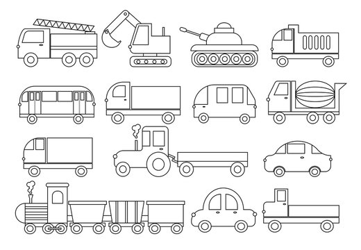 Coloring book. Set of transport. Car, bus, train, fire truck, concrete mixer, dump truck, truck, train, tractor, excavator and etc. Vector illustration.