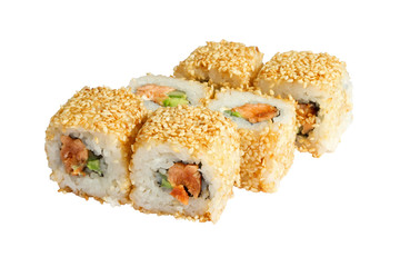 sushi and rolls in the assortment on a white background isolated, rice and fish, crab and avocado, caviar fish