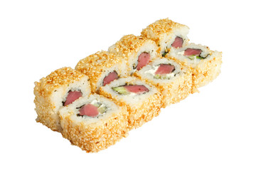 sushi and rolls in the assortment on a white background isolated, rice and fish, crab and avocado, caviar fish