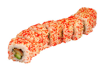 sushi and rolls in the assortment on a white background isolated, rice and fish, crab and avocado, caviar fish