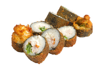 hot rolls in the assortment on a white background isolated, rice and fish, crab and avocado