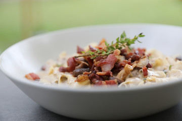 pasta fettuccine alfredo white sauce with ham bacon and mushroom