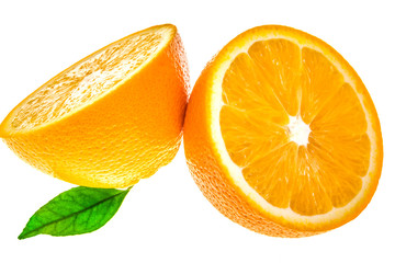 Two halfs orange with leaves isolated on white