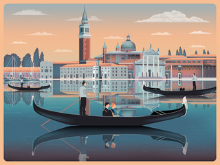 Fototapeta na wymiar Early morning in Venice, Italy. Travel or post card template. All buildings are different objects. Handmade drawing vector illustration. Vintage style.
