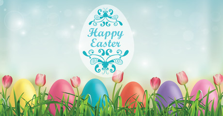 Easter background. Easter eggs, tulips and blades of grass. Vector illustration