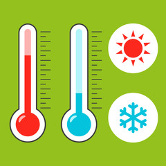 Meteorological thermometer shows heat and cold. Vector flat illustration.