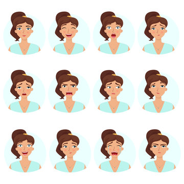 Big set of girl's emotions. Woman's face expressions. Vector flat illustration.
