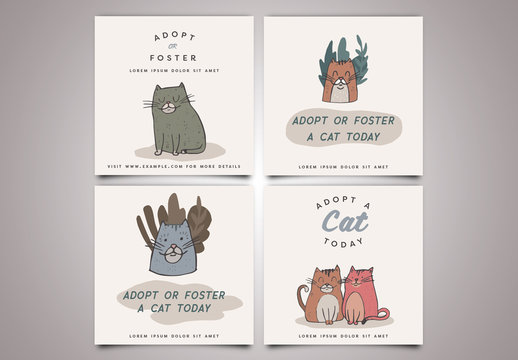 Social Media Post Layout Set with Cat Illustrations