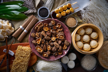 Shiitake rice dumplings steamed pork buns noodles