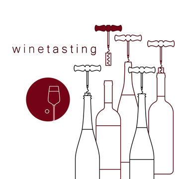 Bottles Of Wine And A Corkscrew With A Cork. Vector Linear Icon Of Wine Tasting.