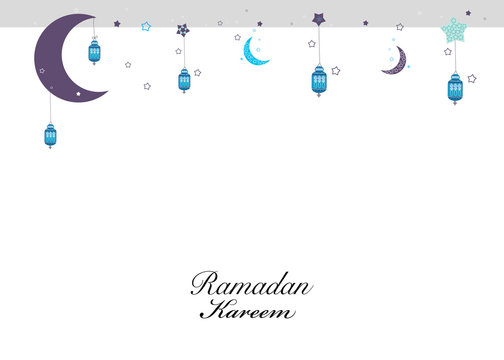 Ramadan Kareem with hanging moon and stars. Ramadan nights stars, traditional lantern greeting card